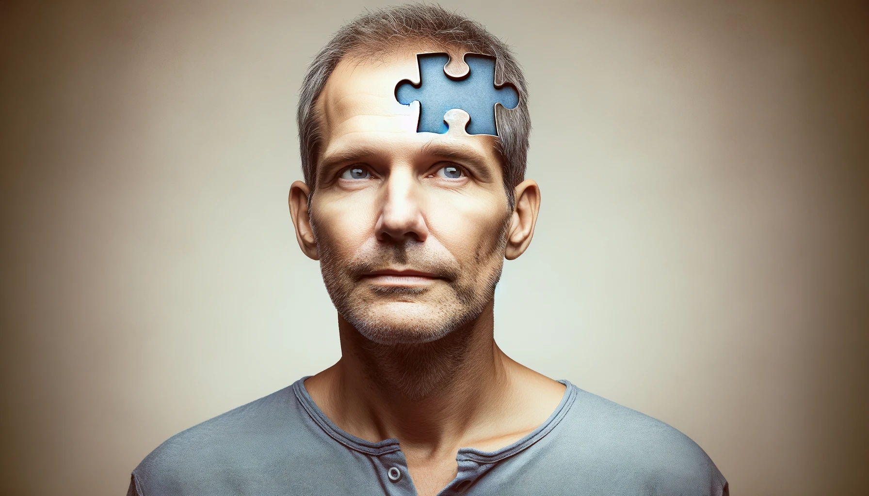 DALL·E 2024-02-07 14.07.58 - Image_ A middle-aged Caucasian man with short grey hair, portrayed in a symbolic manner with a visible puzzle piece missing from his head, symbolizing